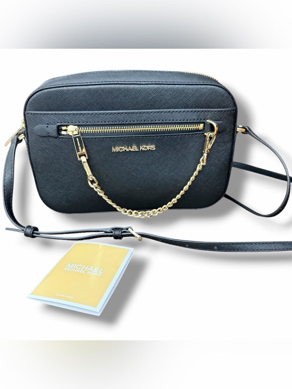 Michael Kors Black Saffiano Crossbody with Gold Chain Detail